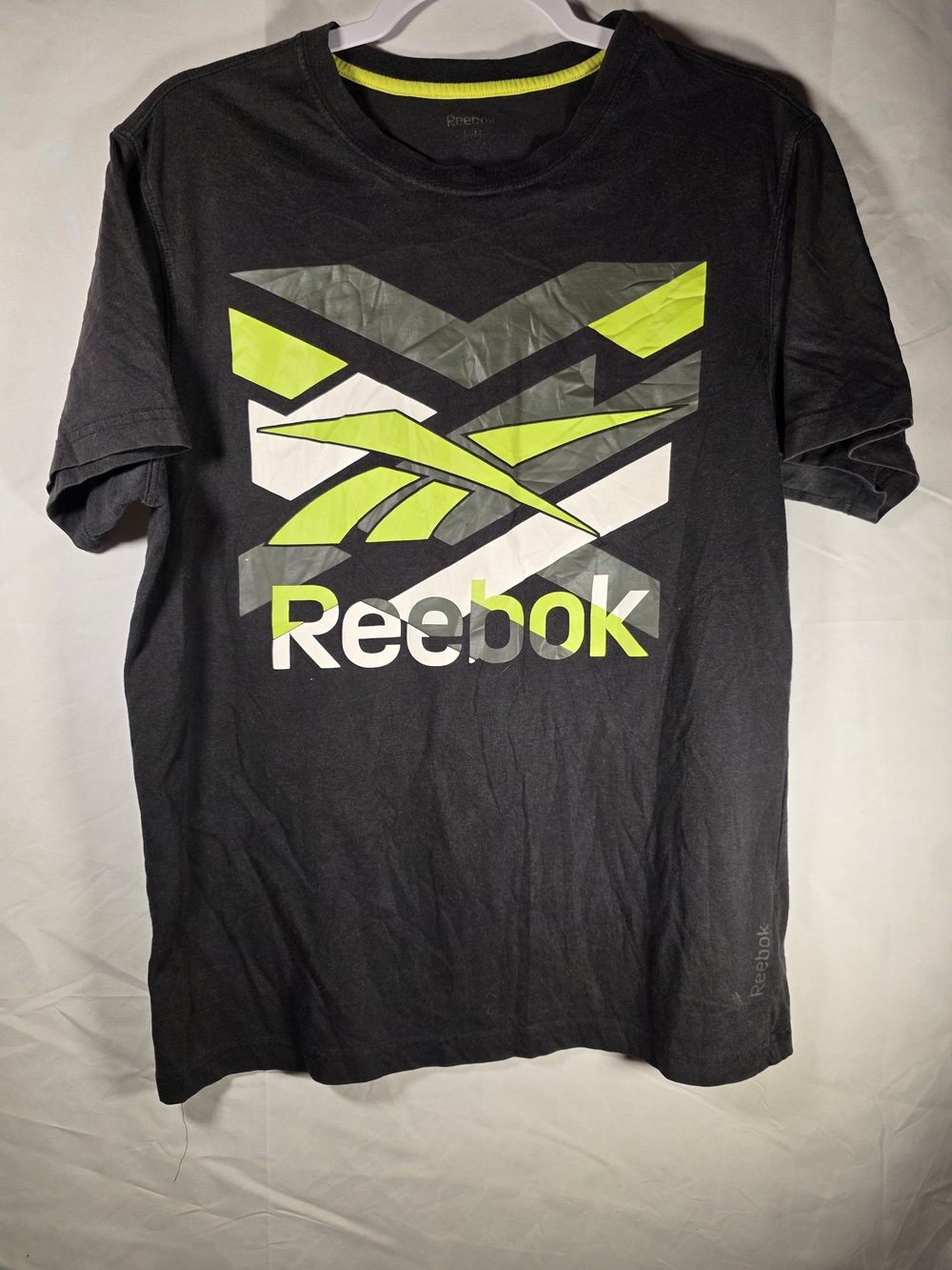 Reebok Black Short-Sleeve Graphic Logo Tee with Neon Yellow-Green Accents